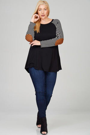 Quinn Plus Size Raglan Strip Long Sleeve with Suede Elbow Patch