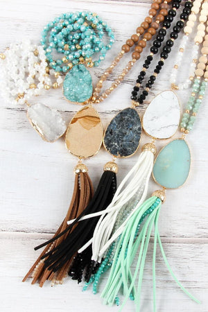 Necklace - Natural Stone Tassel Pendant Necklace - Multiple Color Choices