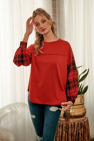 Zoey Solid Knit Top with Plaid Sleeve - Rust