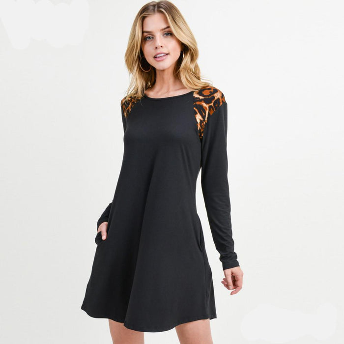 Women's Long Sleeve Tunic Dress with Leopard Print Shoulder Detail