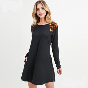 Women's Long Sleeve Tunic Dress with Leopard Print Shoulder Detail