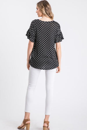 Astra Polka Dot Ruffle Sleeve Top - Black