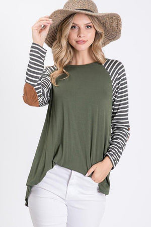 Quinn Raglan Strip Long Sleeve with Suede Elbow Patch - Olive