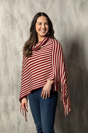 Cowl Neck Poncho - Cranberry and Cream