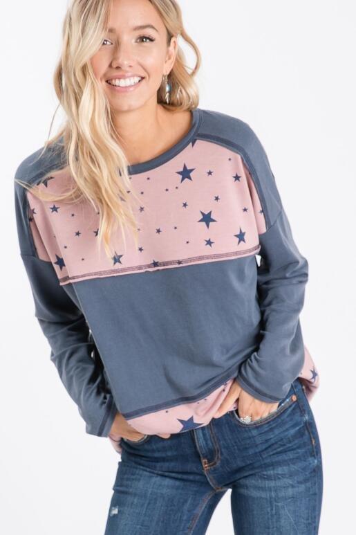 Amora French Terry Star Print Top - Navy