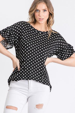 Astra Polka Dot Ruffle Sleeve Top - Black
