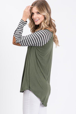 Quinn Raglan Strip Long Sleeve with Suede Elbow Patch - Olive