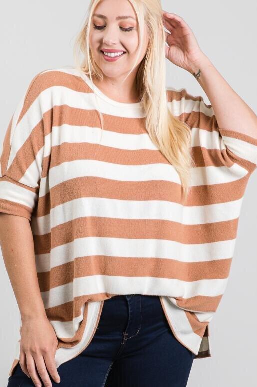 Cora Plus Size Boxy Fit 3/4 Sleeve Top - Brown