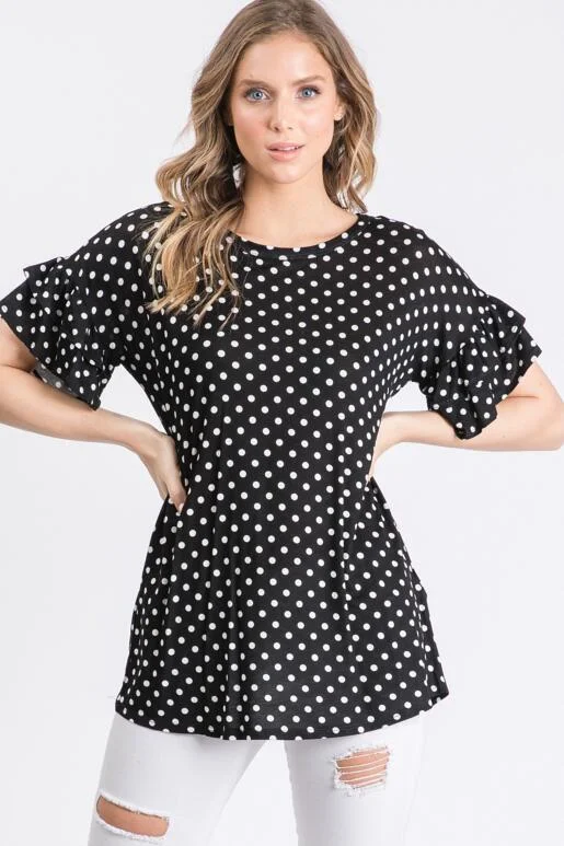 Astra Polka Dot Ruffle Sleeve Top - Black