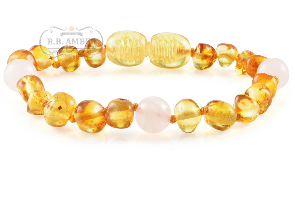 RBA - Kids Baltic Amber + Gemstone Bracelets/Anklets - Honey Rose Quartz