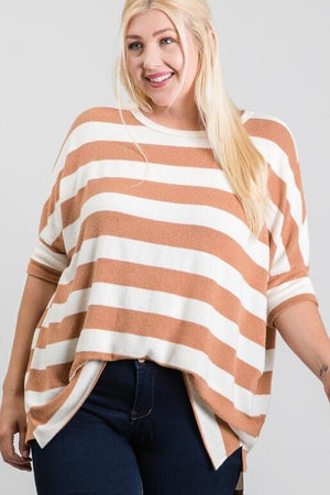 Cora Plus Size Boxy Fit 3/4 Sleeve Top - Brown