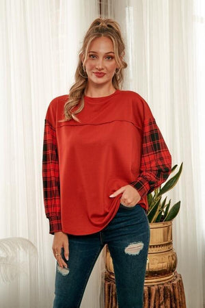 Zoey Solid Knit Top with Plaid Sleeve - Rust