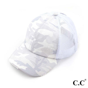 C.C. Criss Cross Vintage Distressed Camouflage High Ponytail Cap w/Mesh Back