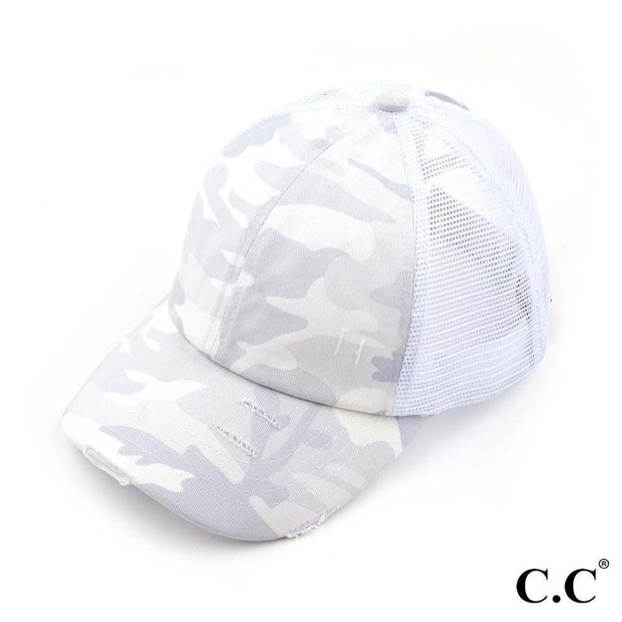 C.C. Criss Cross Vintage Distressed Camouflage High Ponytail Cap w/Mesh Back