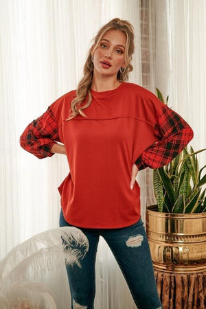 Zoey Solid Knit Top with Plaid Sleeve - Rust