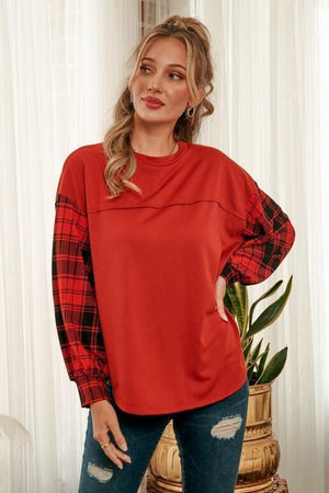 Zoey Solid Knit Top with Plaid Sleeve - Rust