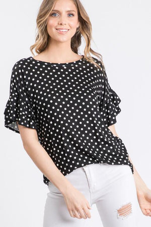 Astra Polka Dot Ruffle Sleeve Top - Black