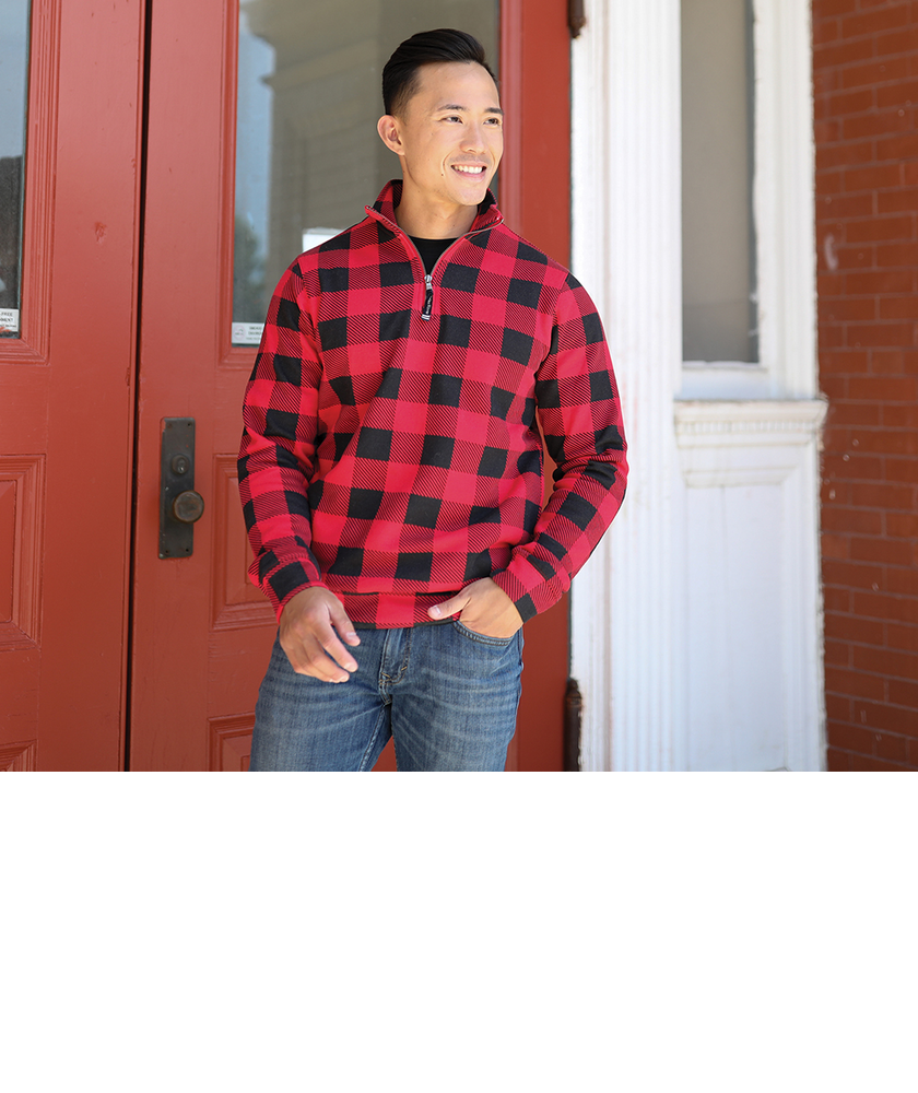 Crosswind Quarter Zip Sweatshirt Red and Black Check Spotted Moon