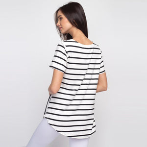 Josie Striped White and Black Short Sleeve Tunic Top