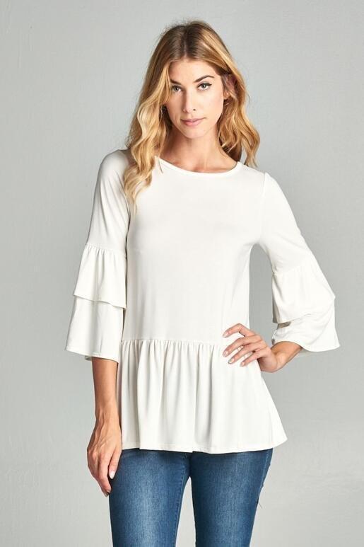 Layla Peplum Top with Ruffle Sleeves - Ivory