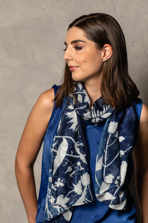 Rectangle Scarf with Navy Floral Design