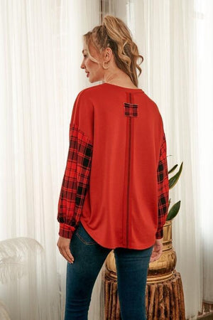 Zoey Solid Knit Top with Plaid Sleeve - Rust