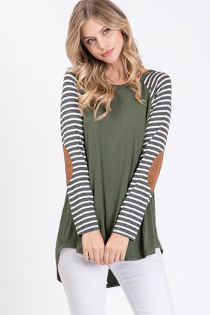 Quinn Raglan Strip Long Sleeve with Suede Elbow Patch - Olive