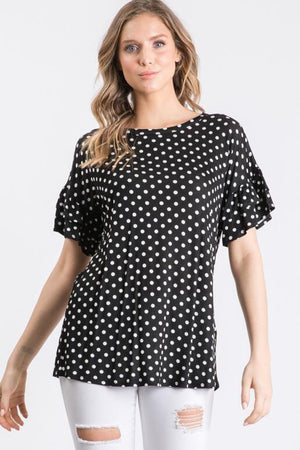 Astra Polka Dot Ruffle Sleeve Top - Black
