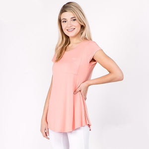 Misty Solid Short Sleeve Pocket Tee with keyhole back detail - Salmon