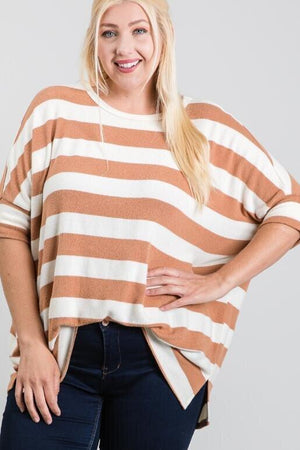 Cora Plus Size Boxy Fit 3/4 Sleeve Top - Brown