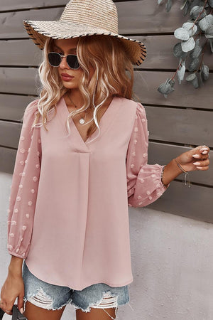 V-Neck Solid Long Sleeve Top - Pink