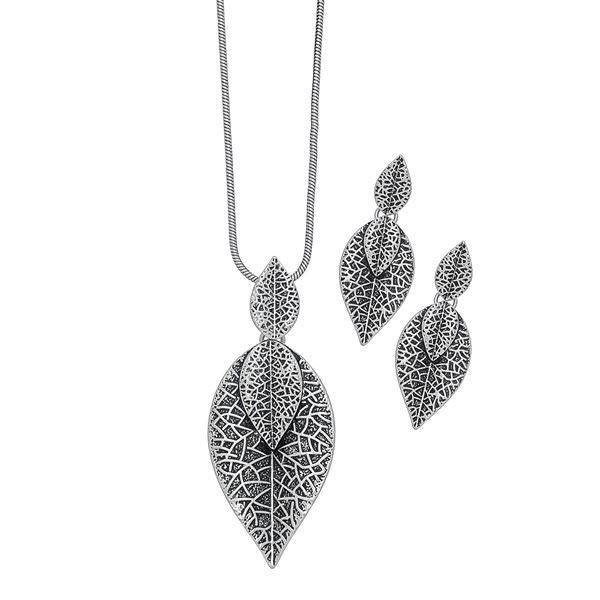 Texture Leaf Silver Necklace & Earrings