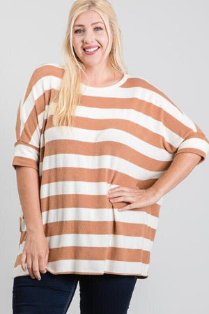 Cora Plus Size Boxy Fit 3/4 Sleeve Top - Brown