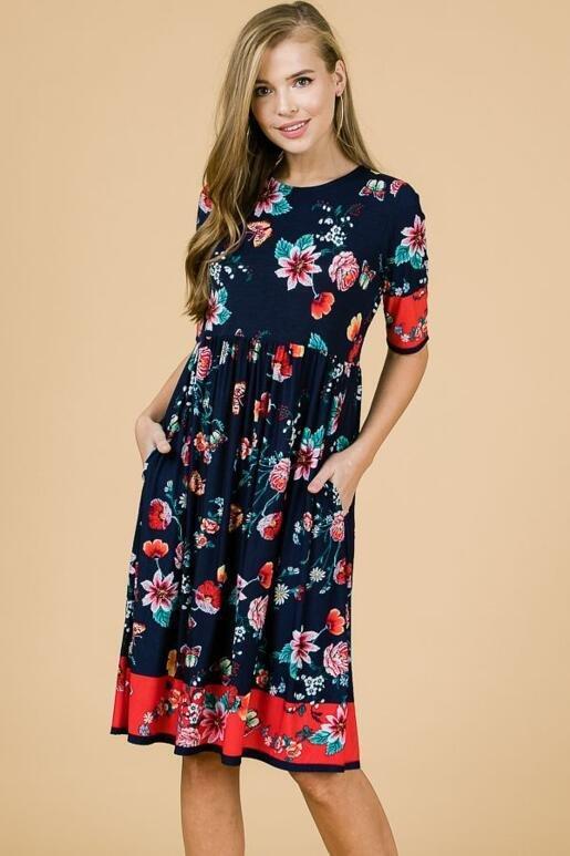 Alisa Fit and Flare Dress - Navy Floral
