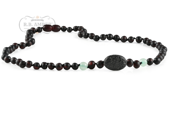 RBA - Adult Aromatherapy Necklace - Raw Cherry/Green Aventurine Lava Pendant