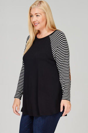Quinn Plus Size Raglan Strip Long Sleeve with Suede Elbow Patch