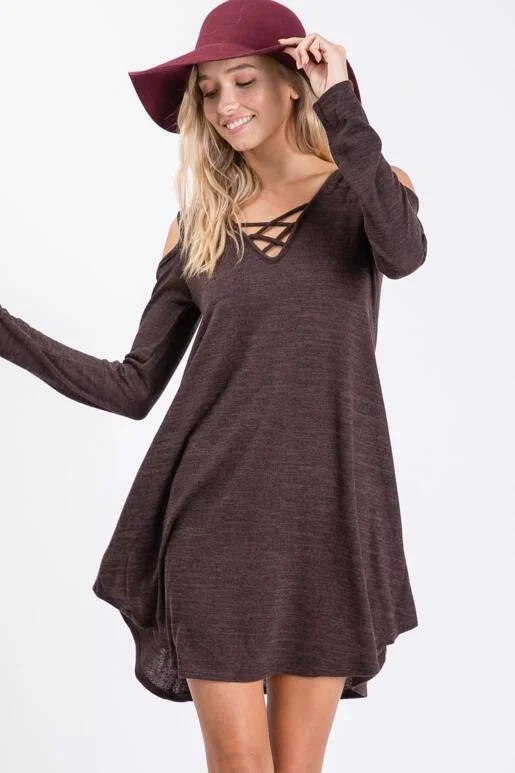 Ginger Criss-Cross Long Sleeve Dress - Brown