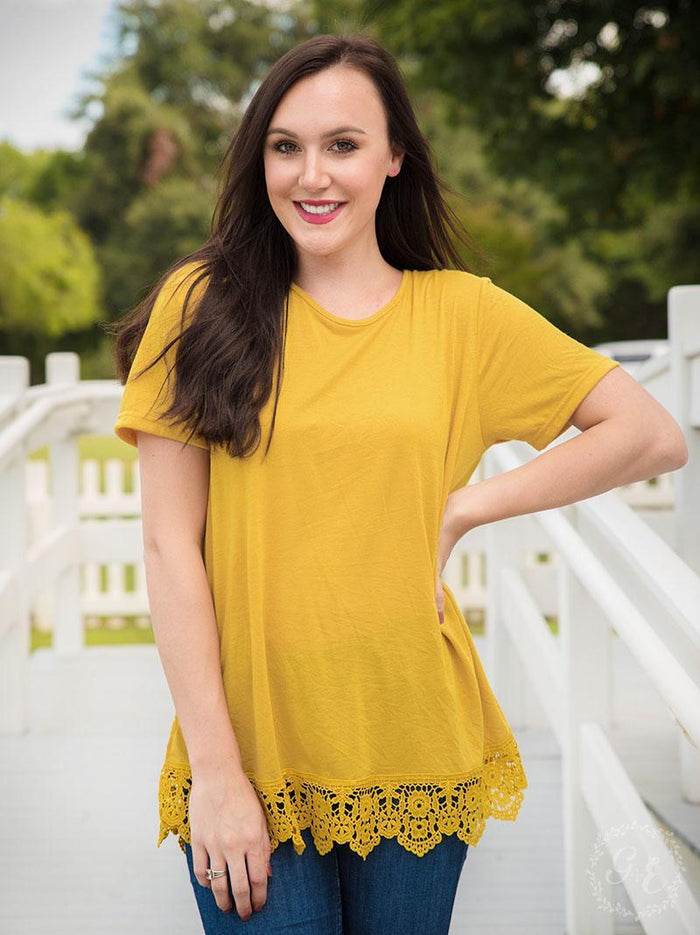 Running Back to You Tee with Crochet Lace Hem - Mustard