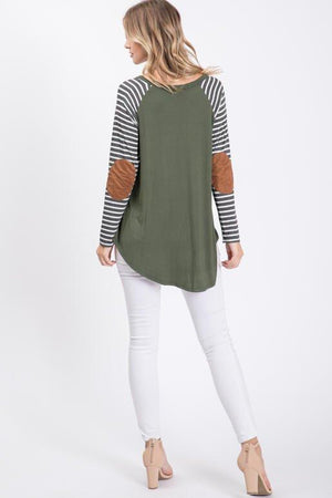 Quinn Raglan Strip Long Sleeve with Suede Elbow Patch - Olive