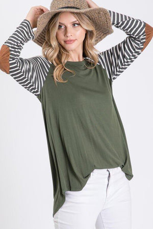 Quinn Raglan Strip Long Sleeve with Suede Elbow Patch - Olive