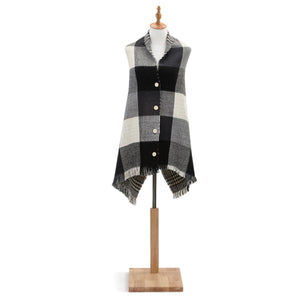 Gray/Black Plaid Reversible Button Poncho