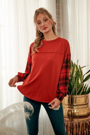 Zoey Solid Knit Top with Plaid Sleeve - Rust