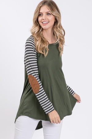 Quinn Raglan Strip Long Sleeve with Suede Elbow Patch - Olive