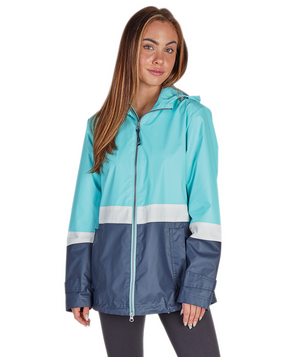 Women's Color Blocked New Englander Rain Jacket 5295 - Aqua/White/Navy