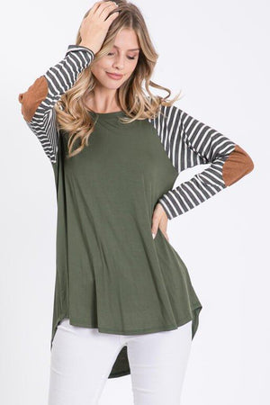 Quinn Raglan Strip Long Sleeve with Suede Elbow Patch - Olive