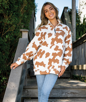 Crosswind Quarter Zip Sweatshirt - Brown Cow Print