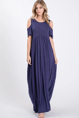 Linden Cold Shoulder Round Neck Maxi Dress - Navy