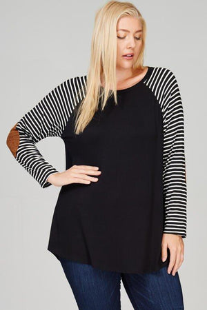 Quinn Plus Size Raglan Strip Long Sleeve with Suede Elbow Patch