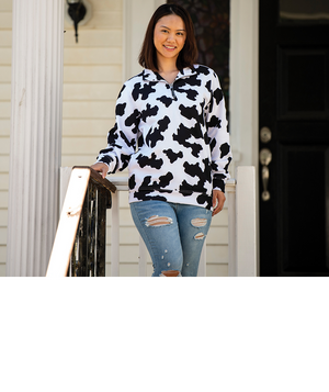 Crosswind Quarter Zip Sweatshirt - Black Cow Print