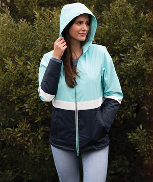 Women's Color Blocked New Englander Rain Jacket 5295 - Aqua/White/Navy